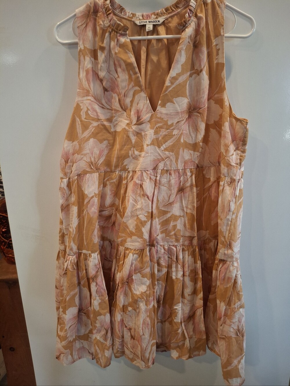 Steve Madden Mustard and Pink Floral Sleeveless Tiered Mini Dress